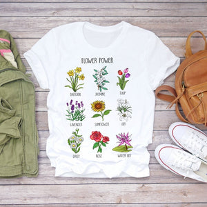 Tshirt Women Summer Clothes Print Floral Flower Bottle Sweet Short Sleeve Tshirt Printed Women T Shirt Female T-shirt Casual Tee