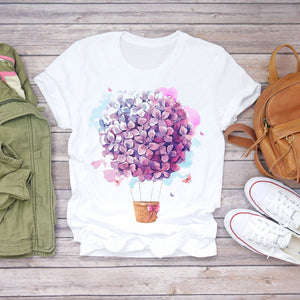 Tshirt Women Summer Clothes Print Floral Flower Bottle Sweet Short Sleeve Tshirt Printed Women T Shirt Female T-shirt Casual Tee