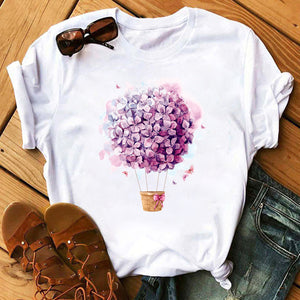 Female T-shirt Romantic Heart Shaped Flowers Vogue Kawaii Harajuku T-Shirt Women Summer Casual Tshirts Korean Style Graphic Tops