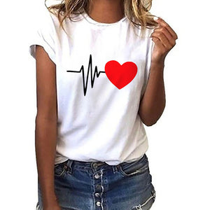 Female T-shirt Heart Shaped Kawaii T-Shirt Women Casual Summer Vogue Harajuku Tshirt Korean Style Graphic Tops Summer Women's