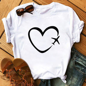 Summer Casual Top Female T-shirts Romantic Heart Pattern Print Tshirt Harajuku Leisure O-neck Plus Size Streetwear Lady Clothes