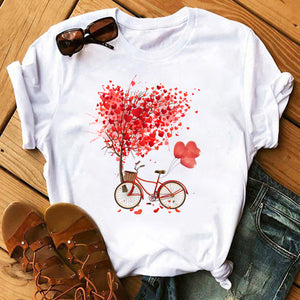 Summer Casual Top Female T-shirts Romantic Heart Pattern Print Tshirt Harajuku Leisure O-neck Plus Size Streetwear Lady Clothes