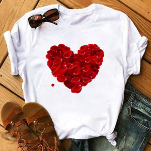 Summer Casual Top Female T-shirts Romantic Heart Pattern Print Tshirt Harajuku Leisure O-neck Plus Size Streetwear Lady Clothes