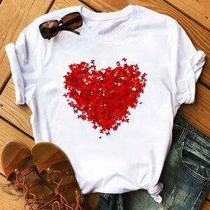 Summer Casual Top Female T-shirts Romantic Heart Pattern Print Tshirt Harajuku Leisure O-neck Plus Size Streetwear Lady Clothes