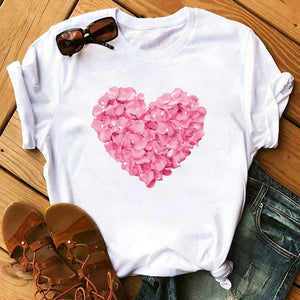 Summer Casual Top Female T-shirts Romantic Heart Pattern Print Tshirt Harajuku Leisure O-neck Plus Size Streetwear Lady Clothes