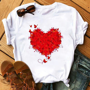 Summer Casual Top Female T-shirts Romantic Heart Pattern Print Tshirt Harajuku Leisure O-neck Plus Size Streetwear Lady Clothes