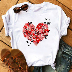 Summer Casual Top Female T-shirts Romantic Heart Pattern Print Tshirt Harajuku Leisure O-neck Plus Size Streetwear Lady Clothes