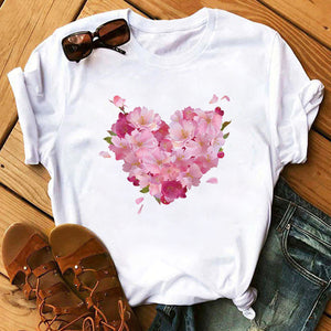 Summer Casual Top Female T-shirts Romantic Heart Pattern Print Tshirt Harajuku Leisure O-neck Plus Size Streetwear Lady Clothes