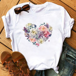 Summer Casual Top Female T-shirts Romantic Heart Pattern Print Tshirt Harajuku Leisure O-neck Plus Size Streetwear Lady Clothes