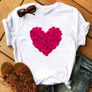 Summer Casual Top Female T-shirts Romantic Heart Pattern Print Tshirt Harajuku Leisure O-neck Plus Size Streetwear Lady Clothes