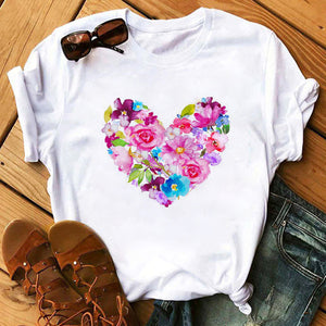 Summer Casual Top Female T-shirts Romantic Heart Pattern Print Tshirt Harajuku Leisure O-neck Plus Size Streetwear Lady Clothes