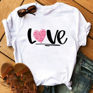 Summer Casual Top Female T-shirts Romantic Heart Pattern Print Tshirt Harajuku Leisure O-neck Plus Size Streetwear Lady Clothes