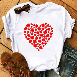 Summer Casual Top Female T-shirts Romantic Heart Pattern Print Tshirt Harajuku Leisure O-neck Plus Size Streetwear Lady Clothes