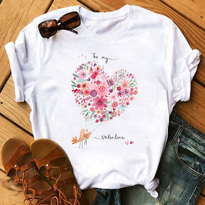 Summer Casual Top Female T-shirts Romantic Heart Pattern Print Tshirt Harajuku Leisure O-neck Plus Size Streetwear Lady Clothes