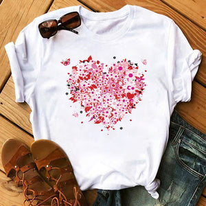 Summer Casual Top Female T-shirts Romantic Heart Pattern Print Tshirt Harajuku Leisure O-neck Plus Size Streetwear Lady Clothes