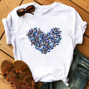 Summer Casual Top Female T-shirts Romantic Heart Pattern Print Tshirt Harajuku Leisure O-neck Plus Size Streetwear Lady Clothes