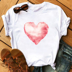 Summer Casual Top Female T-shirts Romantic Heart Pattern Print Tshirt Harajuku Leisure O-neck Plus Size Streetwear Lady Clothes