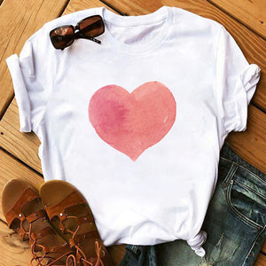 Summer Casual Top Female T-shirts Romantic Heart Pattern Print Tshirt Harajuku Leisure O-neck Plus Size Streetwear Lady Clothes